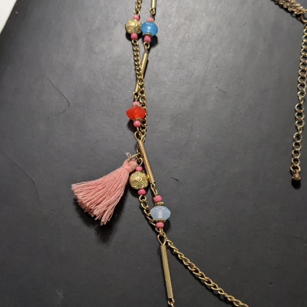 Gold Tone Silk Tassel and Crystal Bead Double Strand Statement Necklace - Picture 5 of 6